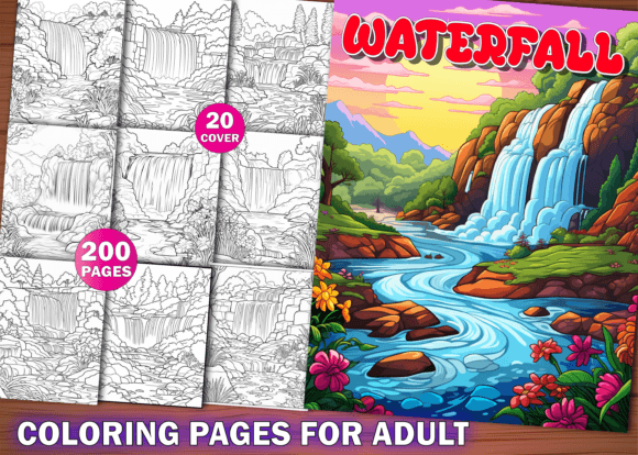 200 Fantasy Waterfall Coloring Pages KDP