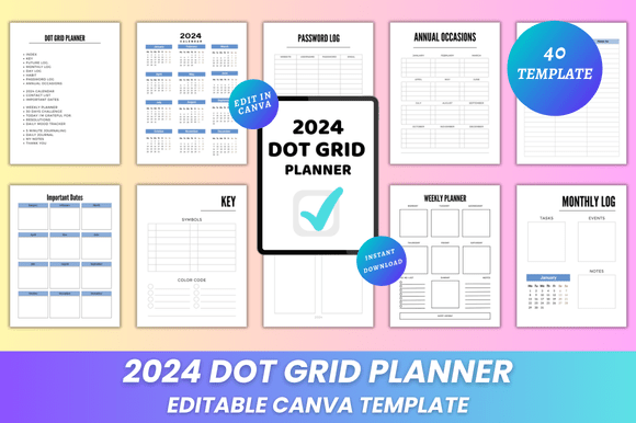 Editable 2024 Dot Grid Planner Canva KDP